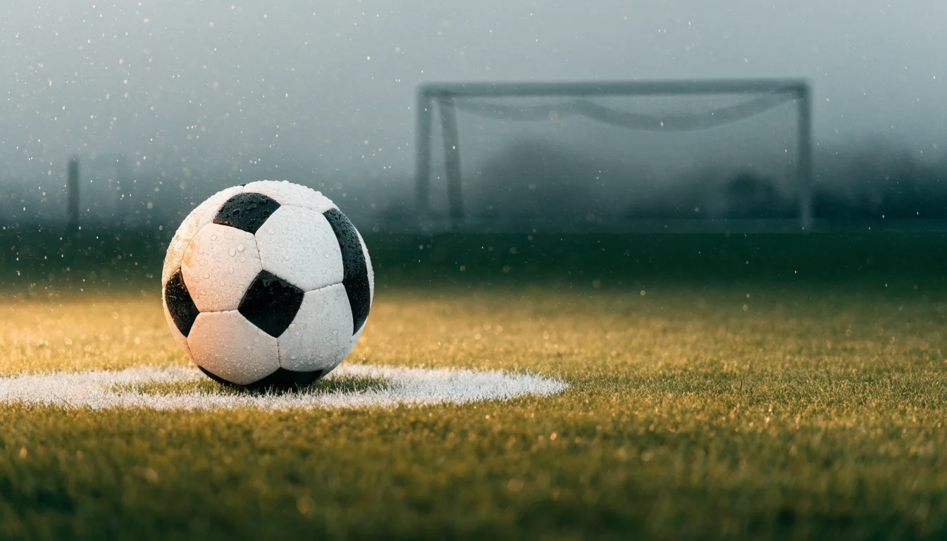 Ein Fußball liegt auf dem Elfmeterpunkt eines nassen Rasenplatzes, im Hintergrund ein leeres Tor im Nebel.