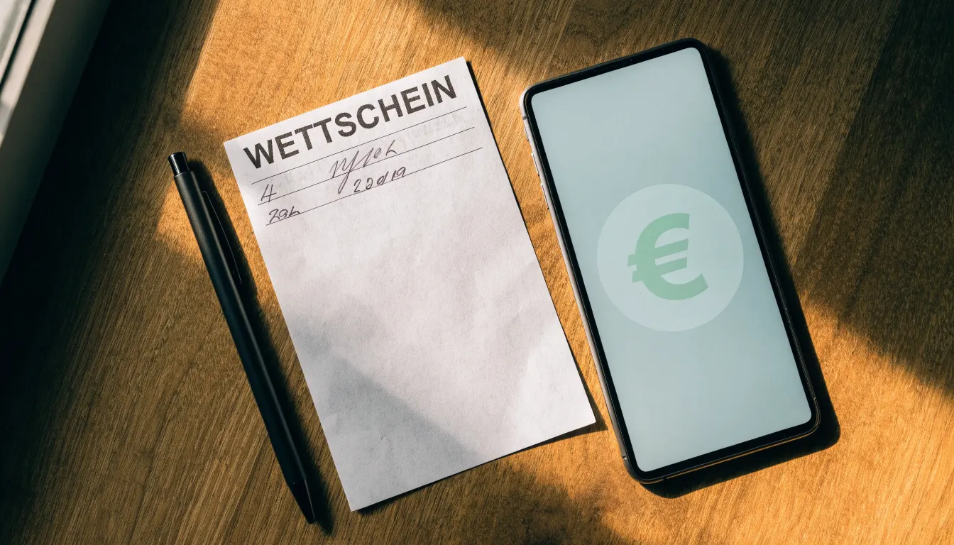Ein leerer Papier-Wettschein und ein Kugelschreiber liegen auf einem Holztisch neben einem schwarzen Smartphone.