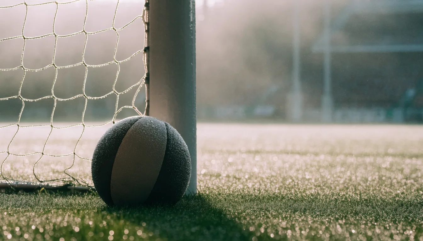 Ein Fußball liegt auf dem Rasen vor einem Tor im Morgennebel, die Netzmaschen sind taufeucht.