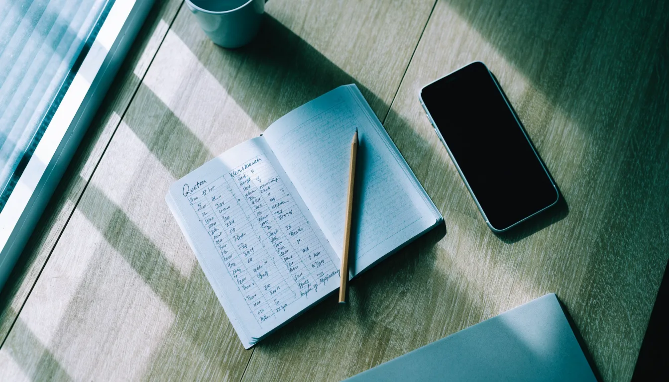 Ein Notizbuch mit handschriftlichen Zahlenreihen liegt neben einem Bleistift und einem Smartphone mit dunklem Display auf einem Tisch.