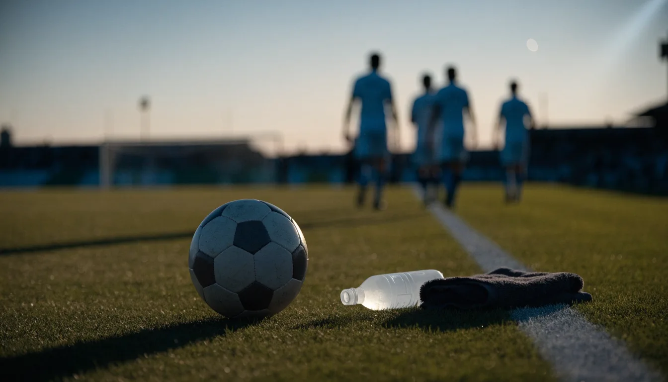 Ein Fußball auf einer Wiese neben der Seitenlinie, daneben eine Trinkflasche ohne Aufdruck und ein Handtuch.