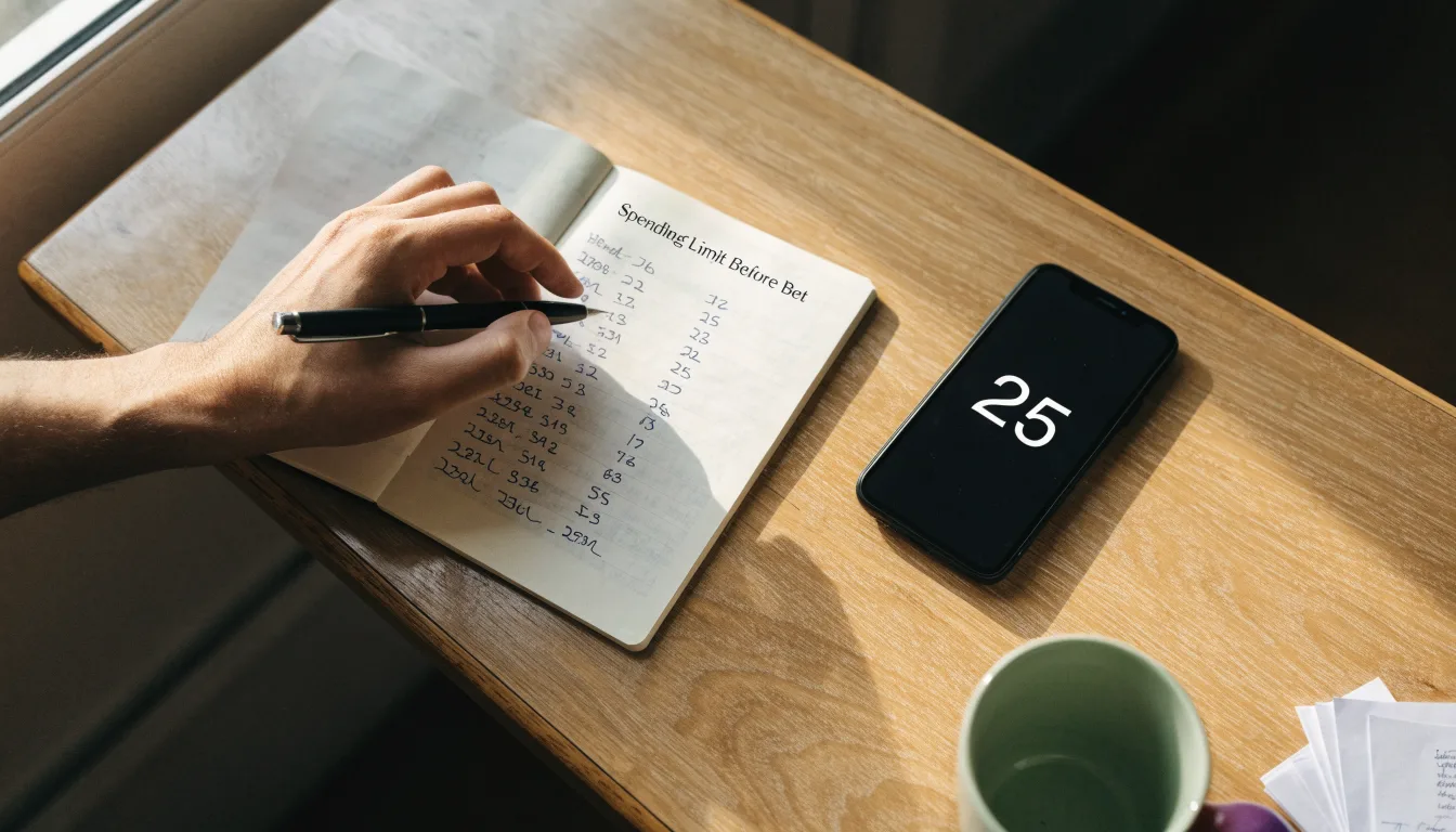 Ein Notizbuch mit handschriftlichen Notizen und ein Taschenrechner liegen auf einem Schreibtisch neben einem Smartphone mit dunklem Display.