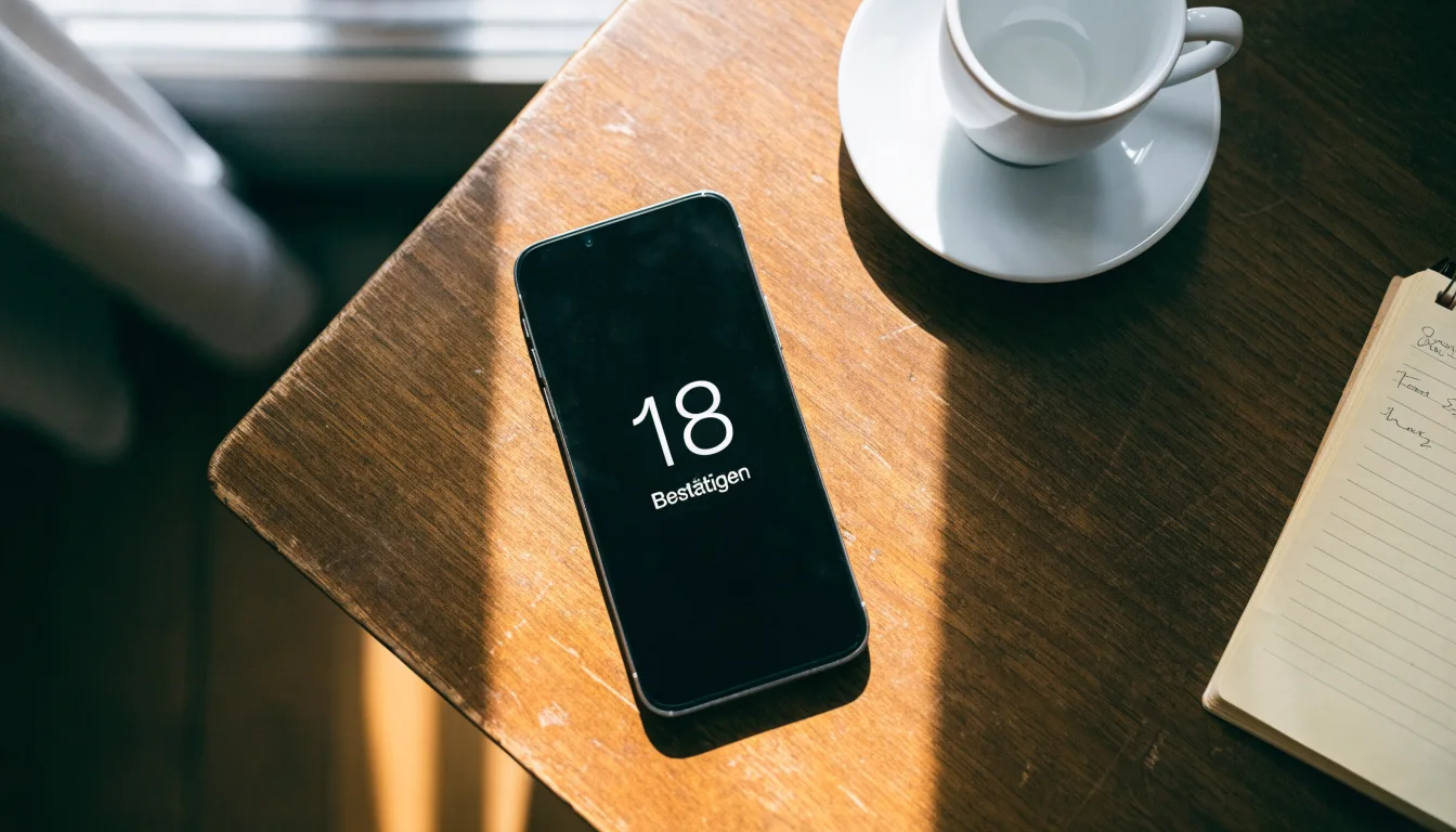Ein Smartphone liegt mit schwarzem Display neben einer Kaffeetasse und einem Notizblock auf einem Café-Tisch.