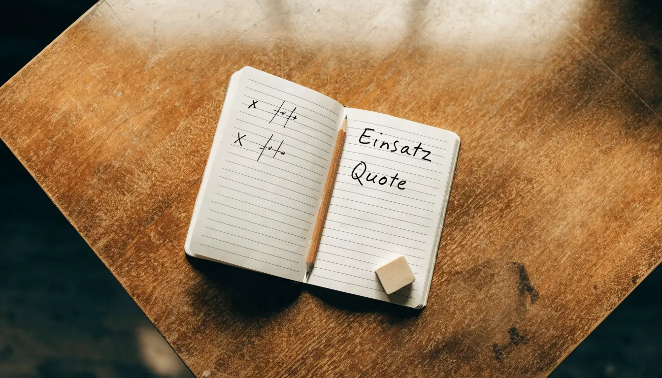 Ein Notizbuch mit handschriftlichen Multiplikationen liegt aufgeschlagen auf einem Holztisch, daneben ein Bleistift und ein Radiergummi.