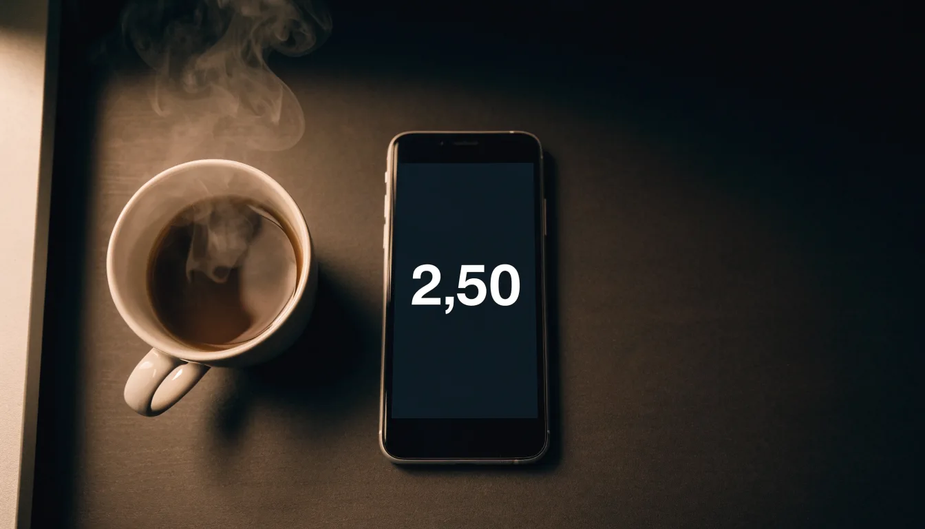 Ein Smartphone mit dunklem Display liegt neben einer Kaffeetasse auf einem Schreibtisch, durch das Fenster fällt Abendlicht.