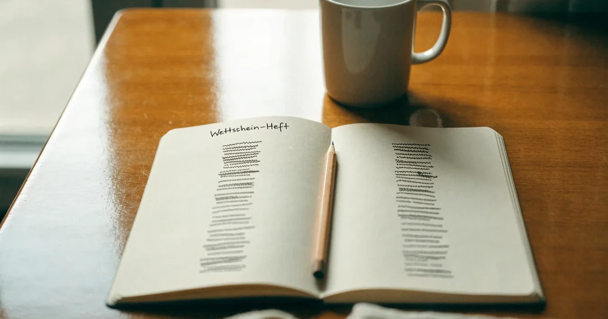 Ein aufgeschlagenes Notizbuch mit handgezeichneten Spalten und Strichen liegt neben einem Bleistift und einer Kaffeetasse auf einem Tisch am Morgen.