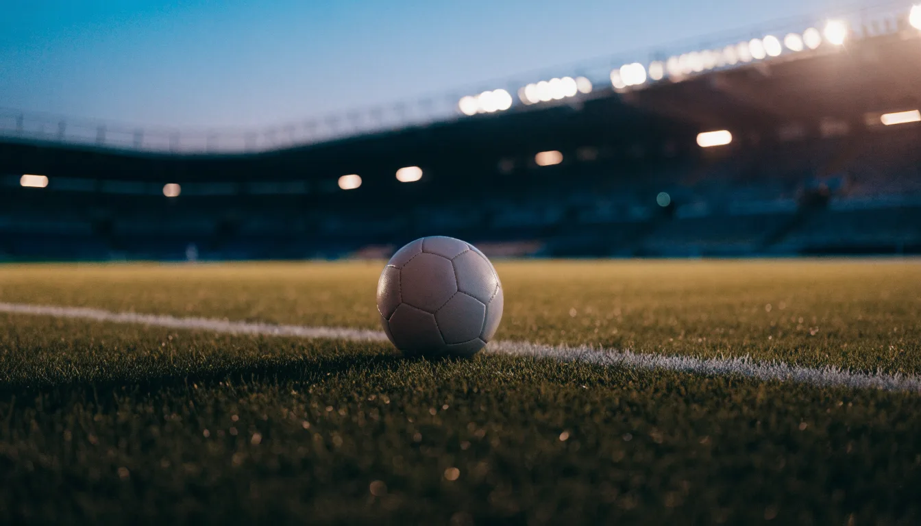 Ein Fußball liegt auf einem Rasenplatz in der Dämmerung, im Hintergrund ein ferner Stadionrand unter Flutlicht.
