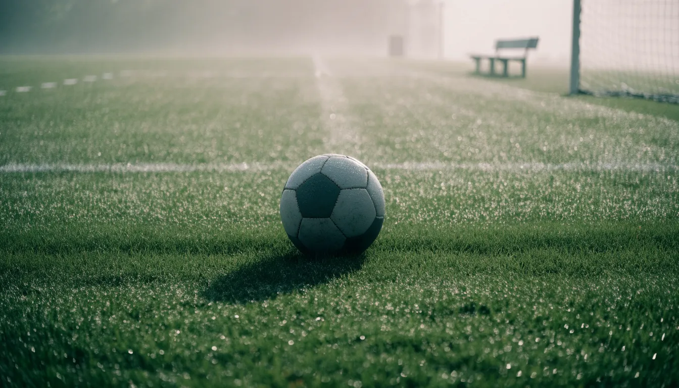 Ein Fußball liegt in der Mitte eines leeren Rasenplatzes im Morgennebel, am Rand steht eine einzelne Auswechselbank.